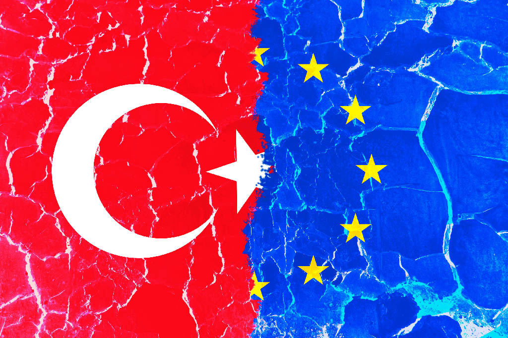 Grunge textured European Union and Turkey torn cracked flags. Conceptual and symbolic illustration of the future situation between EU and Turkey.